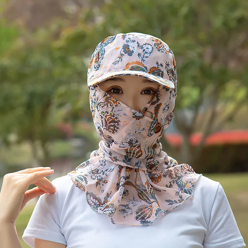 

Women Summer Beach Anti-UV Sun Hat Floral Caps Flower Printing Chiffon Hats Fashion Sunscreen Fishing Riding Sun Mask Hat