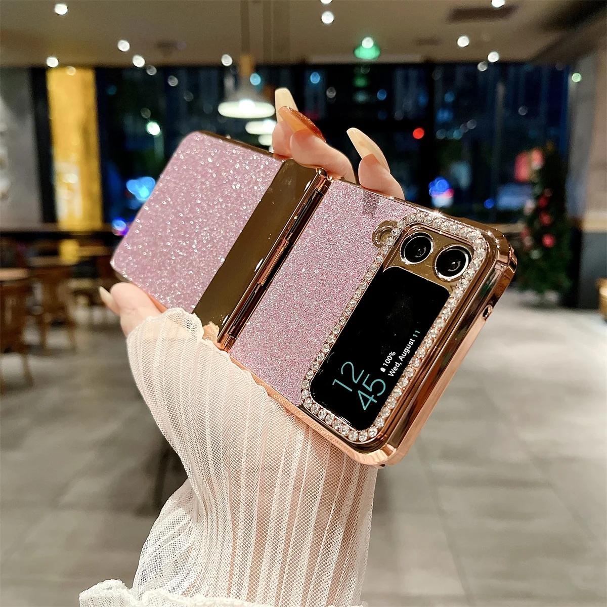 Coque de téléphone Samsung Galaxy Z Flip 5 4 3 5G, garniture en cuir Pu scintillante avec strass, charnière plaquée, couverture arrière en plastique_voghion.com