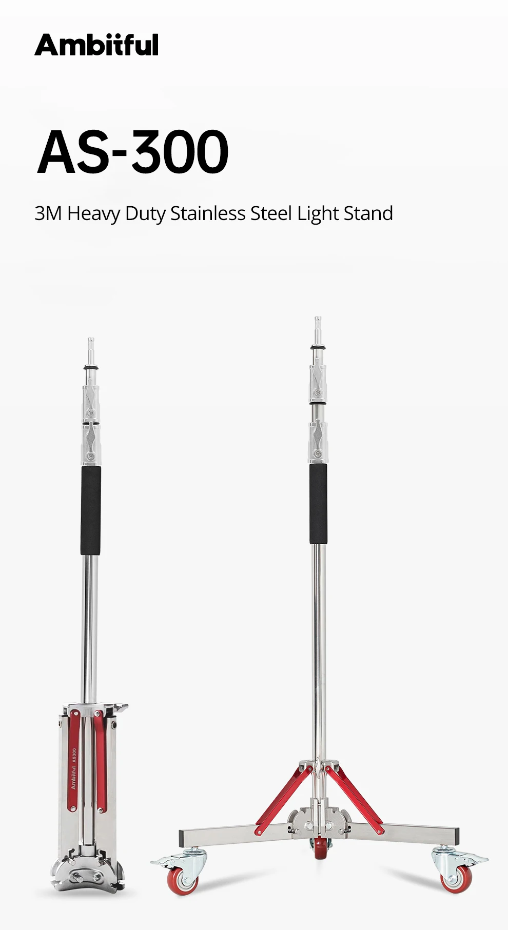 Description Picture 2 of itemAMBITFUL Heavy Duty Stainless Steel 300CM Light Stand +Wheel Load Bearing 20KG for Flash for high-intensity photography work