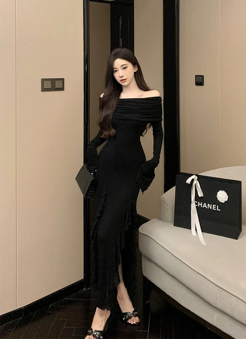 Sexy Bodycon Evening Dresses for Women Long Sleeves Slash Neck Ruffles High Slit Slim Korean Fashion One Piece Vestidos Mujer