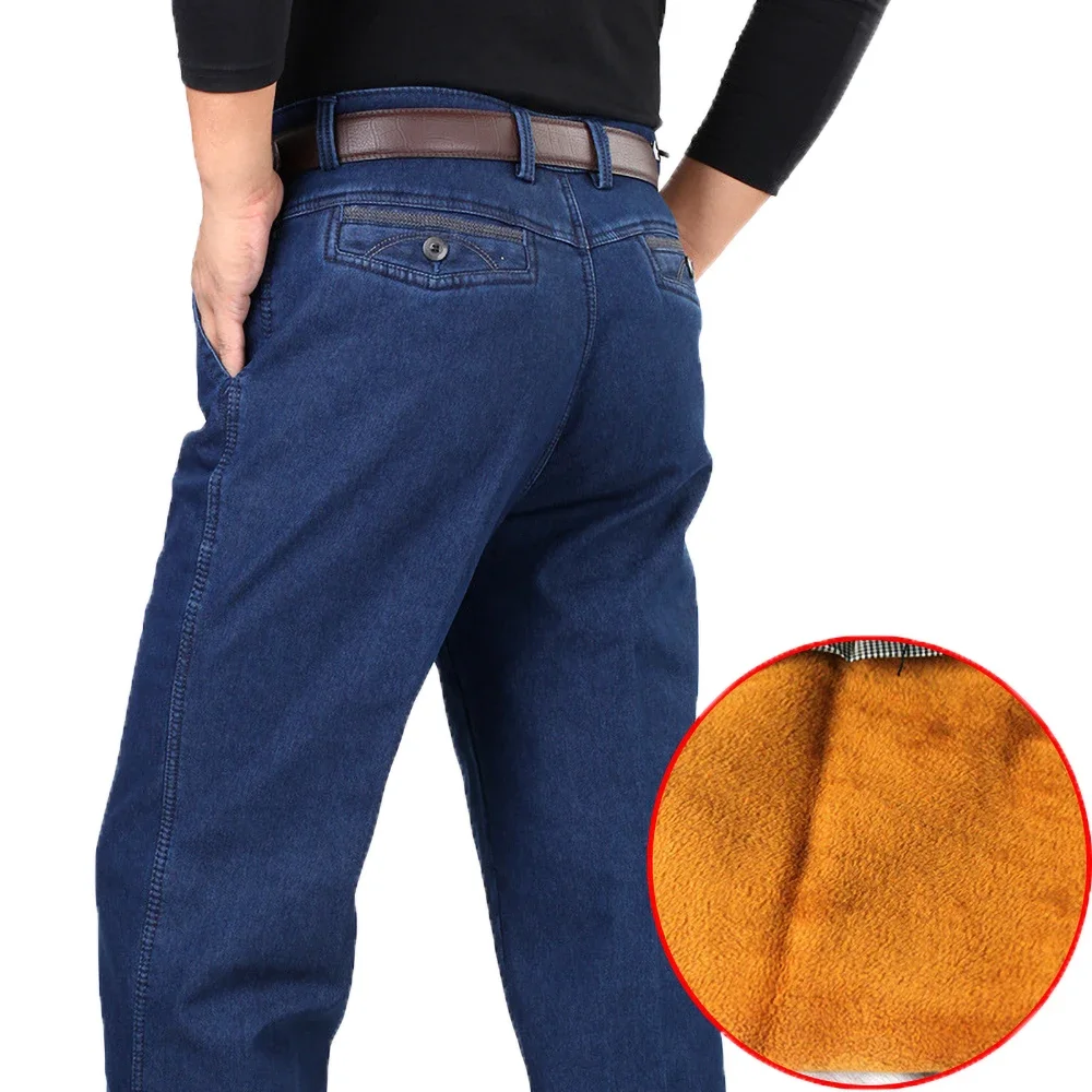 Winter Mens Thick Warm Jeans Classic Fleece Male Denim Pants Cotton Blue Black Quality Long Trousers for Men Brand Jeans Size 44