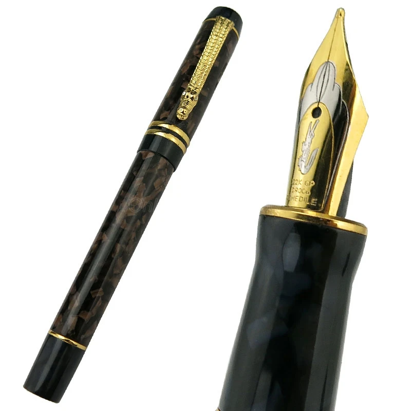 Crocodile Resin Barrel Brown Marble Medium Nib 0.7mm Fountain Pen Gold Trim Crocodile Clip Office School Writing Gift Pen