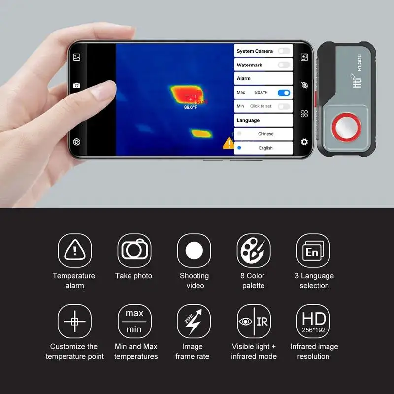 HTI HT-203U スマホ用サーモグラフィー Type-C 256×192 HTI HT-203U 256*192 Pixels Thermal Camera -20°C~550°C Android Type