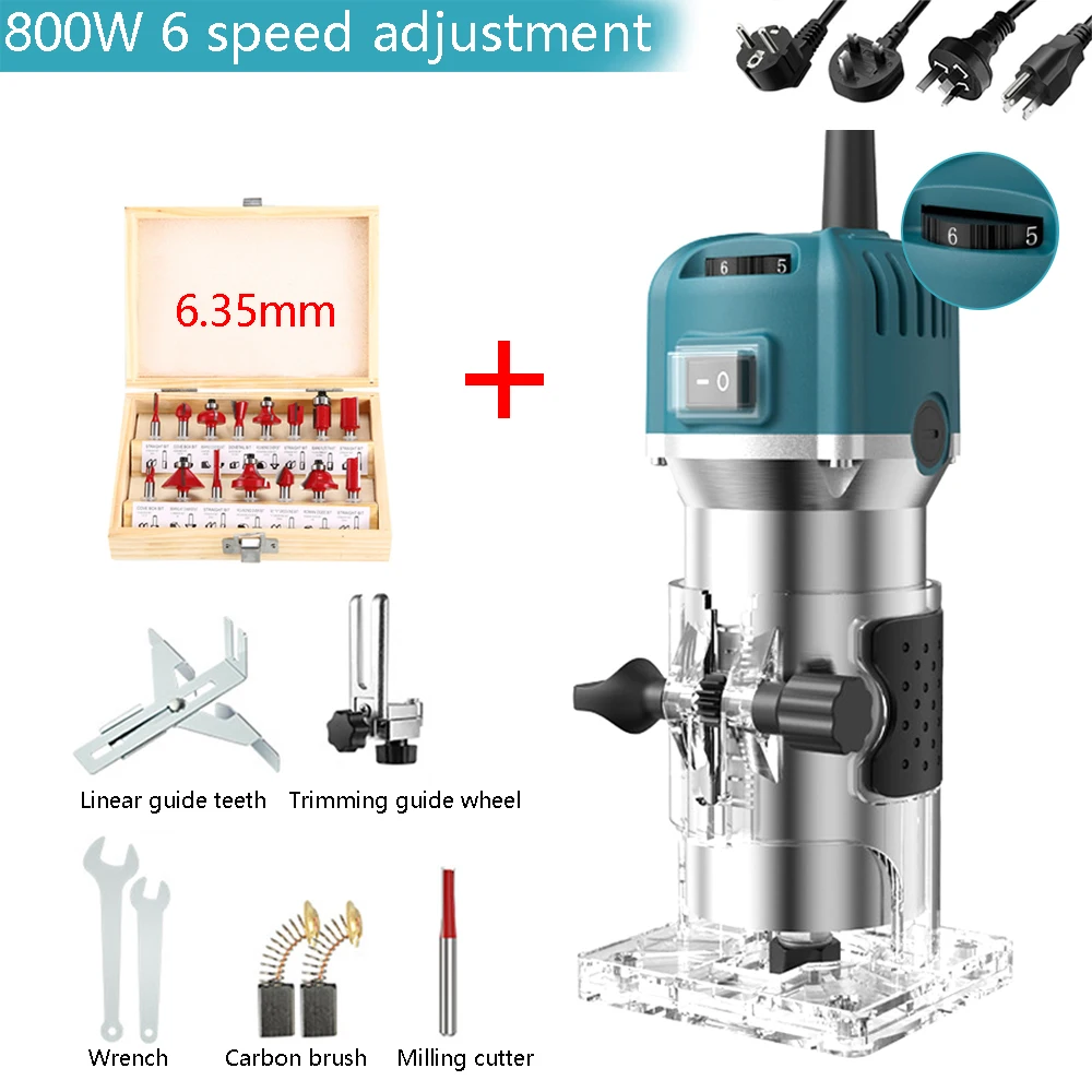 800w 30000rpm Electric Wood Trimmer 6 Speed Handheld Compact Router and 15 Pieces 1/4