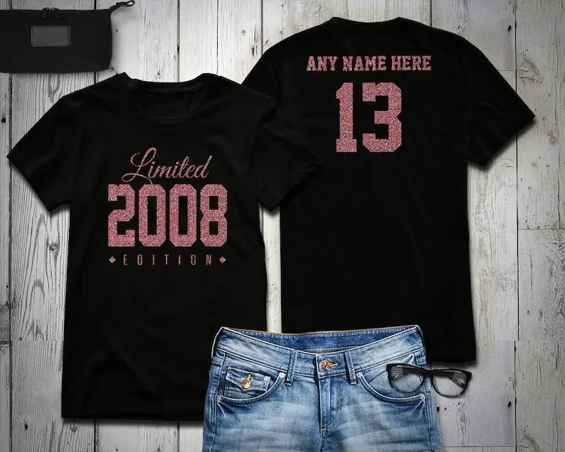 

2008 Rose Gold Glitter Limited Edition Birthday T-Shirt 13th Custom Name Celebration Gift mens womens ladies Shirt Personalized