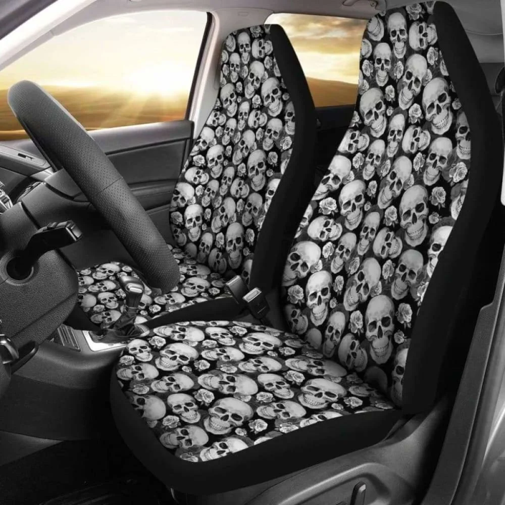 

Black And Gray Skulls Roses Car Seat Covers Pack of 2 Universal Front Seat Protective Cover