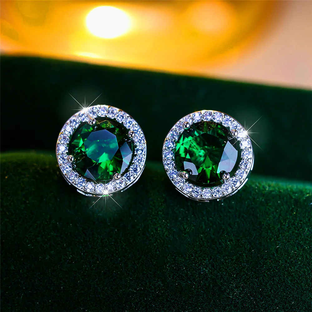 Luxury Female Crystal Purple Black Round Stud Earrings Silver Color Wedding Jewelry For Women