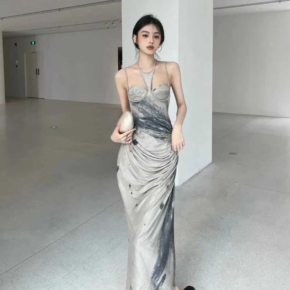 

Fashion Low Collar Long Halter Dresses Backless Tie Dye Camisole Dress Halo Dyeing Printing A Line Maxi Dress Club