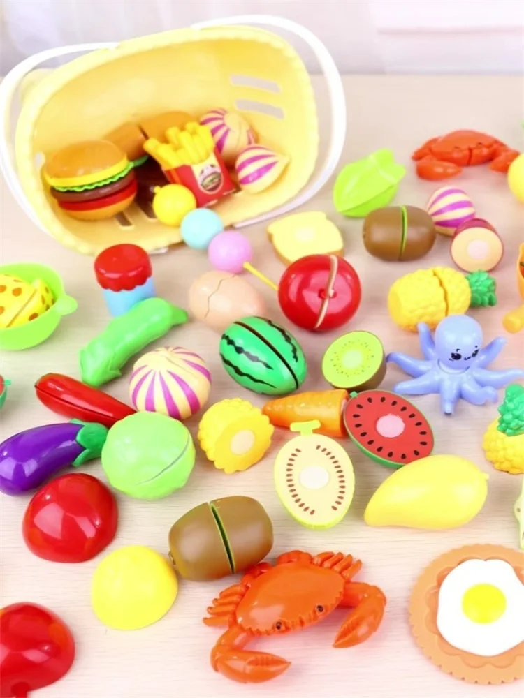 67 PCS Set Kitchen Play House Toys for Kids Simulation Basket Fruit Vegetable Food Cutting Game Montessori Educational Girls Toy 2