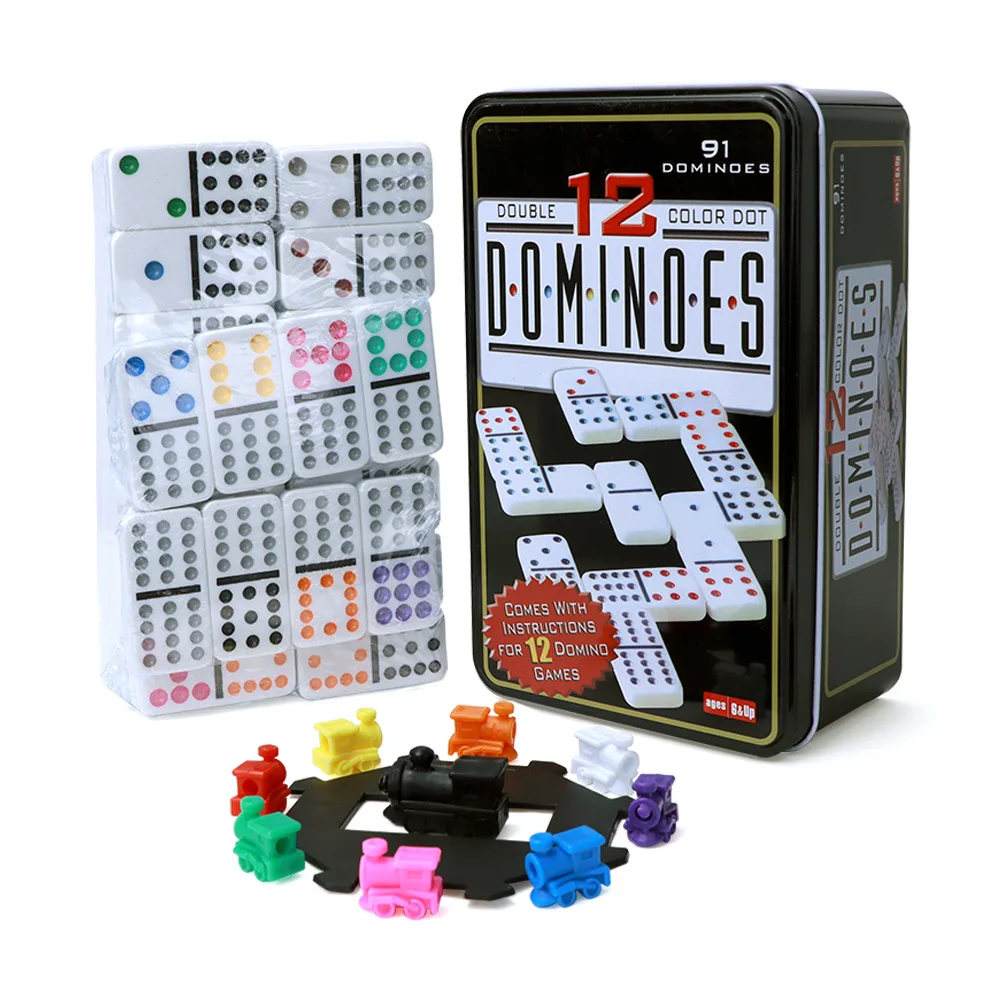 Mexican Train Dominoes 12 Double Twelve Dominoes Set for Adults Metal Box 91 Domino Pieces 2-8 Players Family Travel Board Game