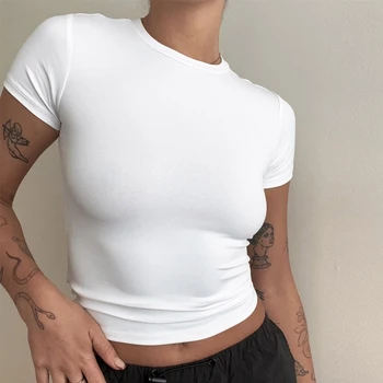 Women’s Short Sleeve Slim Fit T-Shirt – Knitted O-Neck Sheath Tee Top, Casual Streetwear Sporty Y2K Fashion 2024 Summer Slim Bodycon Tops for Girls & Ladies