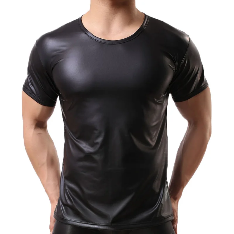 Mens T Shirts PU Leather Short Sleeve T-shirts Sexy Fitness Gay Latex T-shirt Black Tops Stage Party Clubwear Tee Plus Size XXL