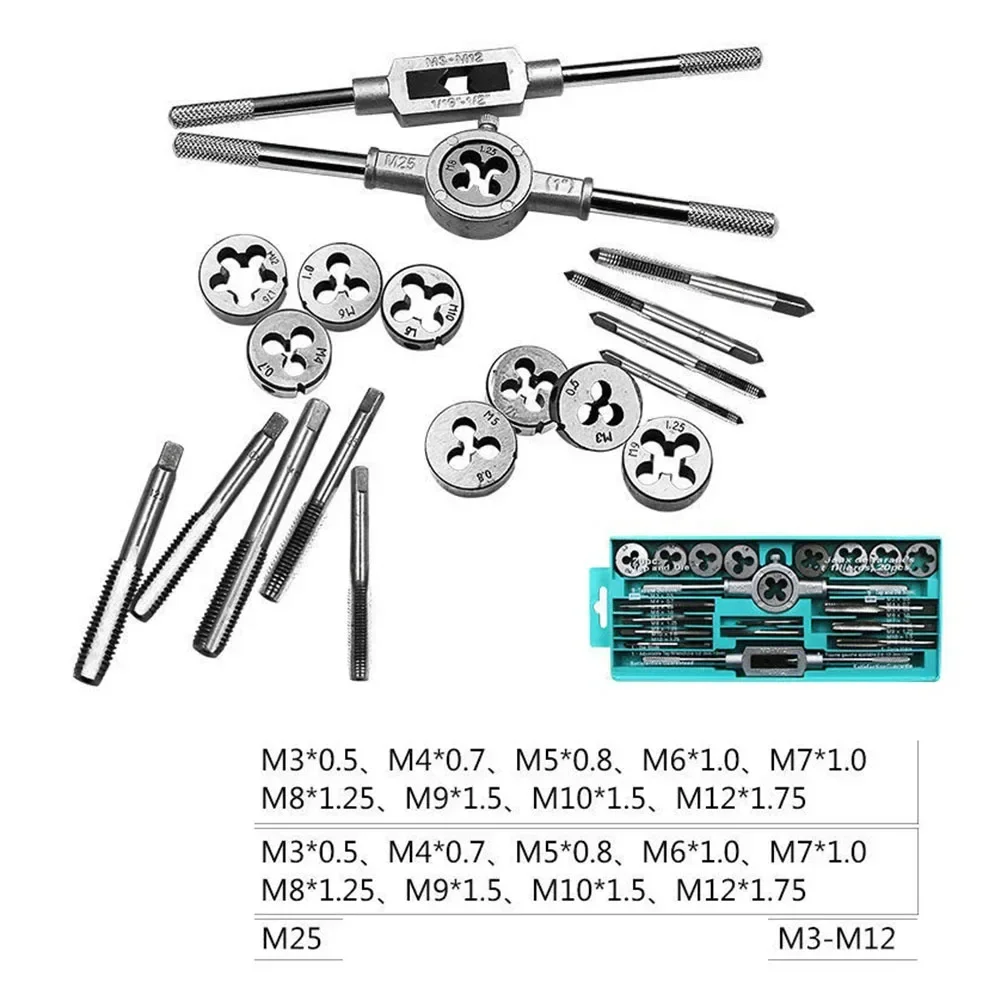 Tap and Die Set Multifunction Hand Screw 12/20Pcs M3-M12 Metric Screw Thread Plugs Taps Straight Taper Tapping and Thread Tools