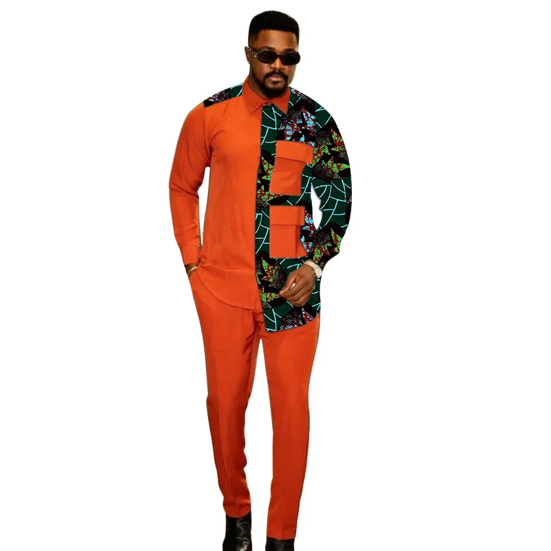 Nigerian Fashion Light Orange Shirts+Trousers Mens Party Suit African Print Male Casual Outfits 2 Pieces Wedding Costume