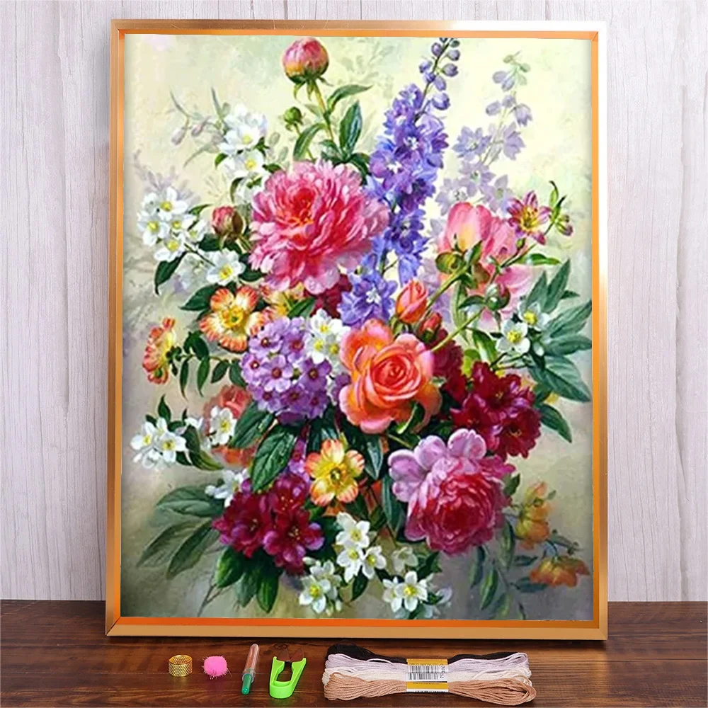 DIY Embroidery Cross Stitch 11CT Needlework Kits Flower Craft Set Cotton Thread Printed Canvas Home Decoration Girl Unique Gift