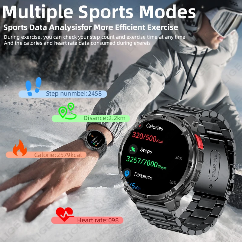 LIGE 1100mAh Large Battery Smartwatch LED Light Compass Men Outdoor Sport Watch Voice Assistant Wireless Call 1.7" HD Wristwatch