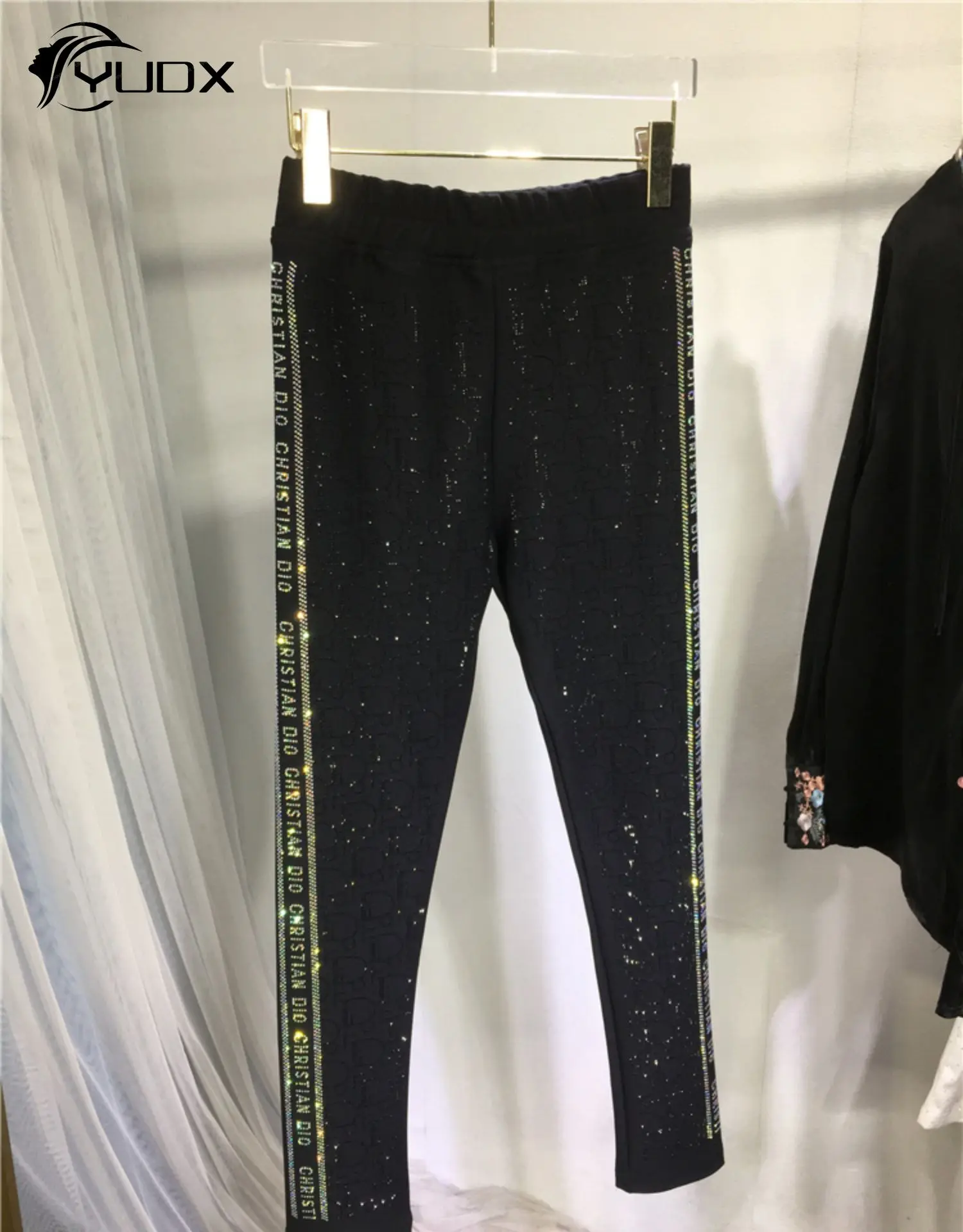 yudx-2024-new-spring-shiny-letter-hot-drilling-pantaloni-inferiori-da-donna-leggings-attillati-a-vita-alta-leggings-neri-alla-caviglia-all-match