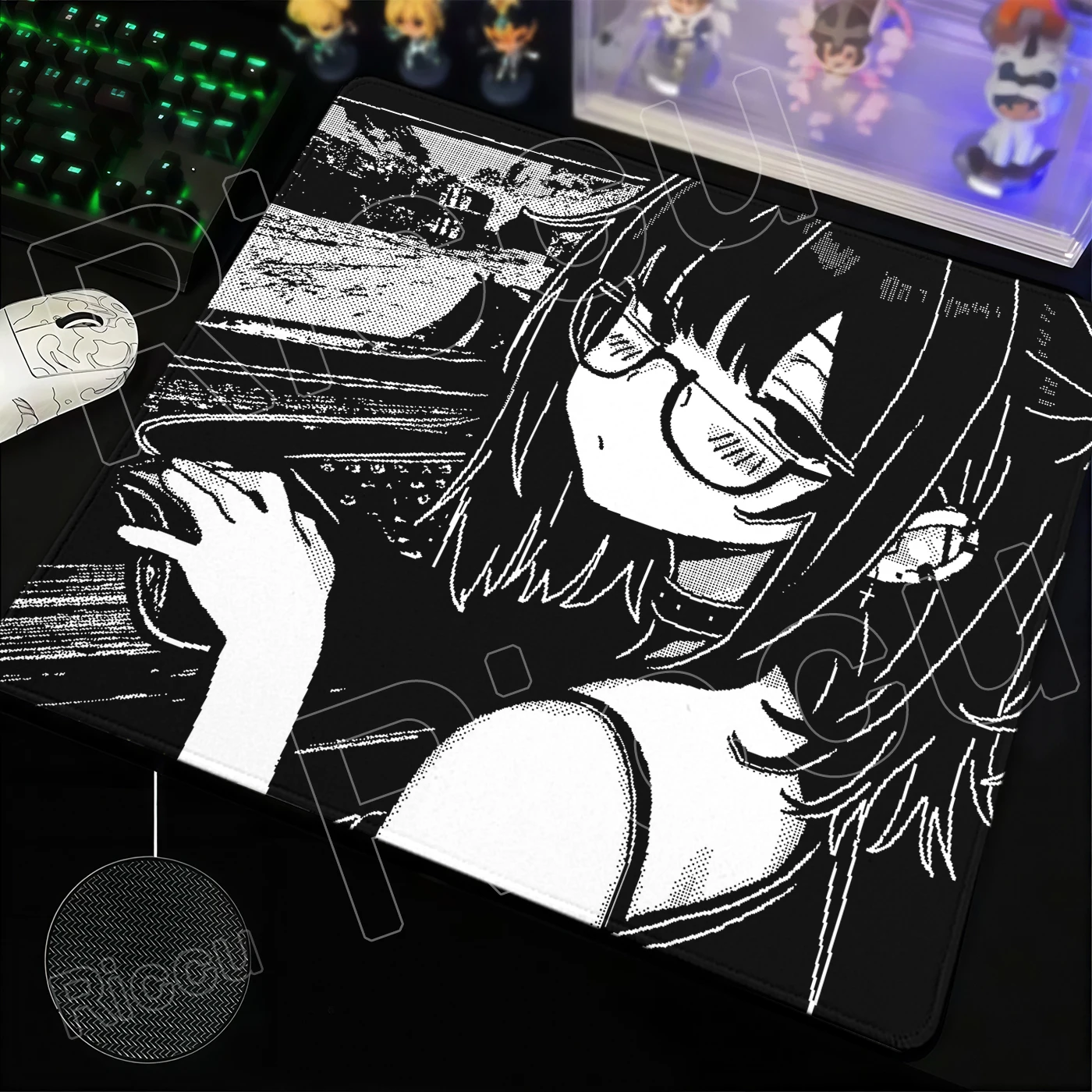 Monochrome Pixel Aesthetic Gaming Mouse Pad with Anime Design - Non-Slip Rubber Desk Mat for E-Sports & Office Use