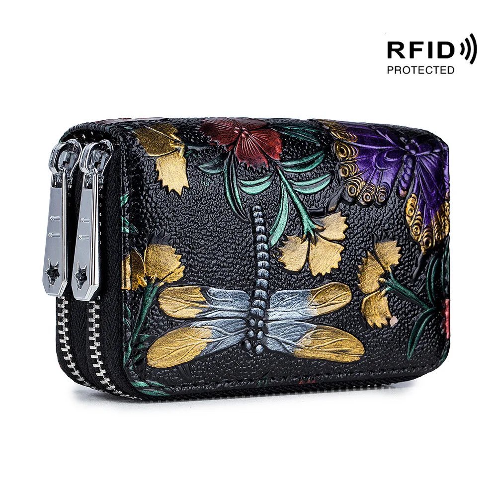 Luxurious Women's Genuine Leather RFID Wallet Handbag with Rose Flower Design