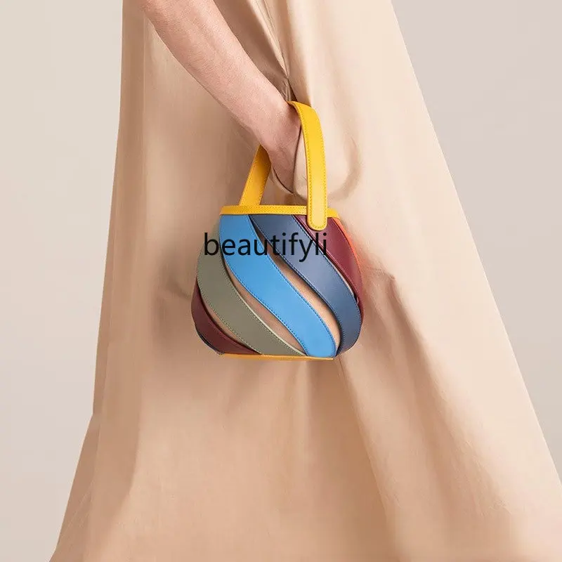 

yj Geometric Bag Stitching Bucket Bags Cylinder Shoulder Bag Trendy Contrast Color Handbag