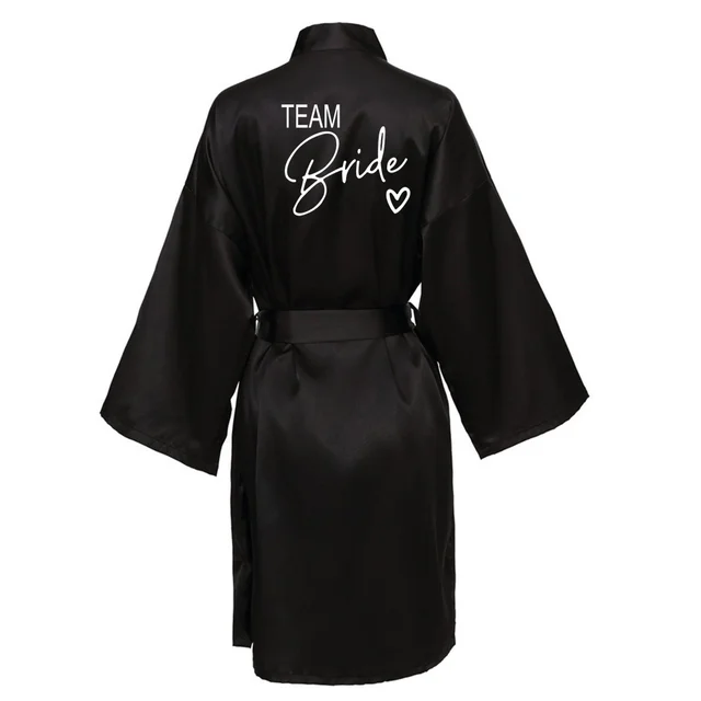 Wedding Party Team Bride Robe With Black Letters Kimono Satin Pajamas Bridesmaid Bathrobe SP003 Black3