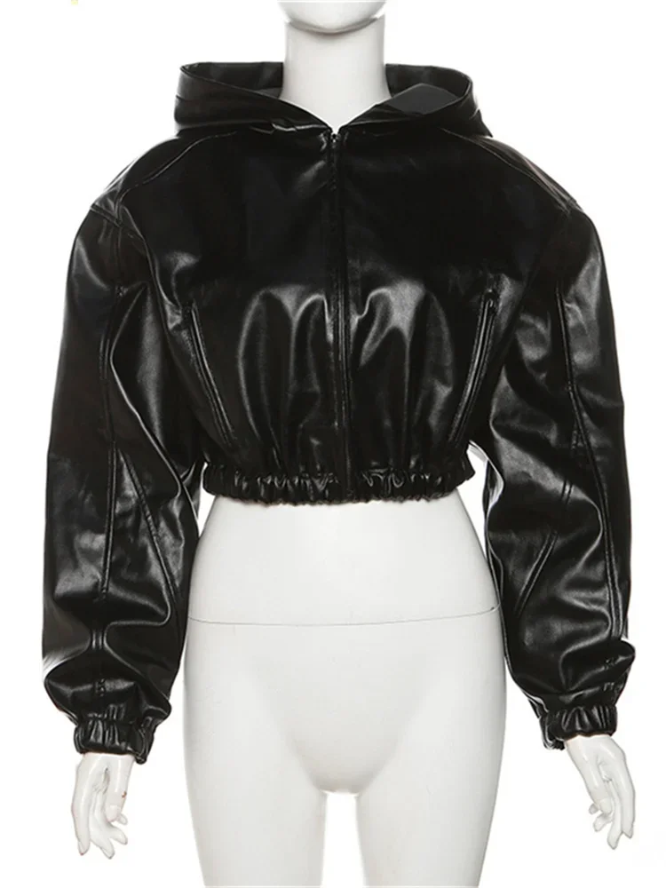 Fall Zipper Jackets For Women Loose Faux Pu Leather Crop Tops Jackets Coats Varsity Bomber Long Sleeve Hoodie Black Jackets 5
