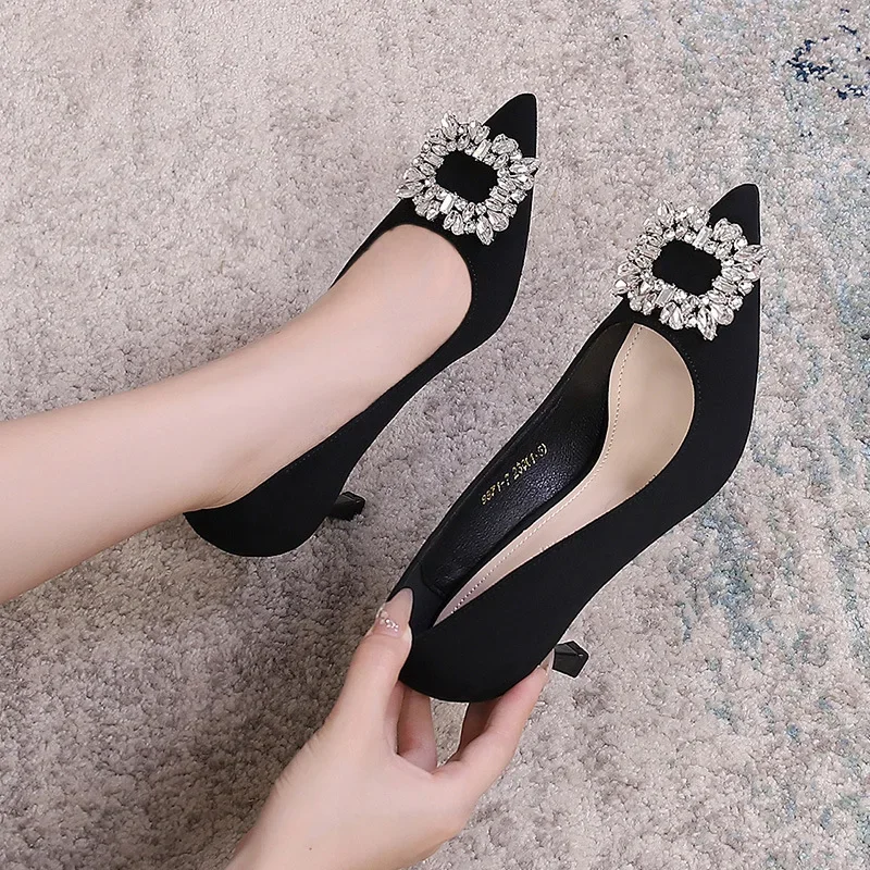 

Women Fashion Rhinestone Square Buckle Bridesmaid Wedding Shoes Solid Plus Size 42 Pointed Toe Stiletto Pumps French High Heels