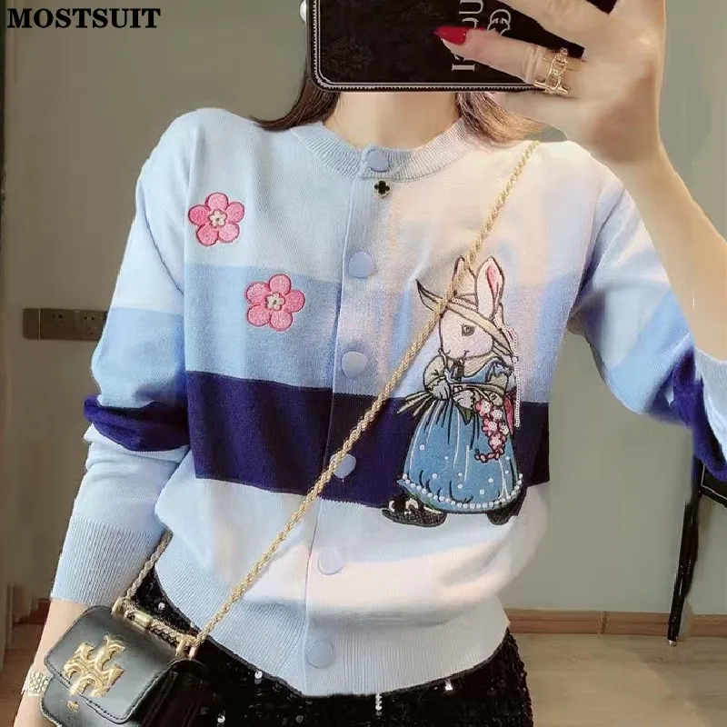 

Blue Cartoon Embroidered Sweater Cardigan Women Sweet Fashion Loose Ladies Knitwear Long Sleeve Single-breasted Jumpers Tops