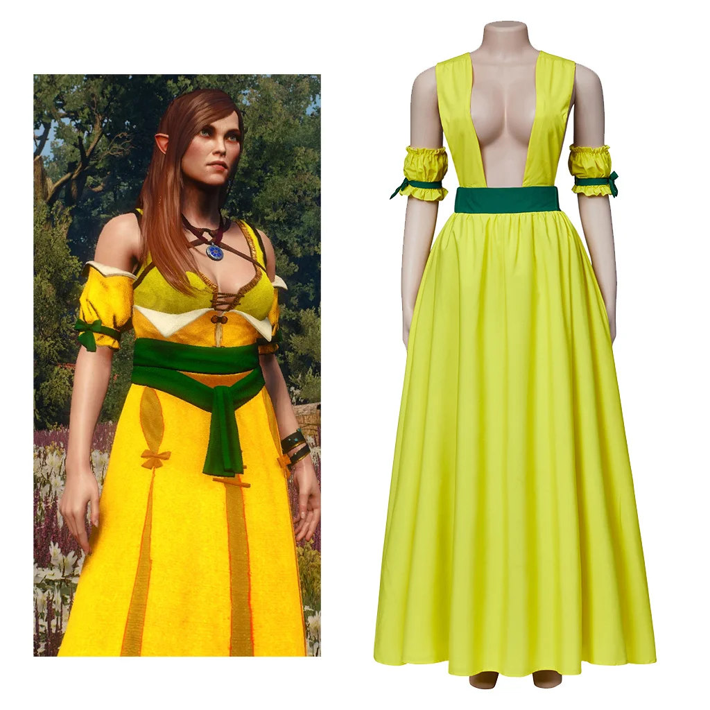 

Game Ida Emean Cosplay Costume Dress Set Elven Sorceress Ida Emean Sexy Hollow Yellow Dress Set For Women Halloween Suit