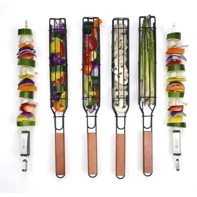 1 Darabos Hordozható Grillező Kosár Rozsdamentes Acél Újrahasznosítható Tartós Korróziógátló Fa Fogantyú Grill Nettó Kabob Konyha Bbq Szerszámok - Image 6