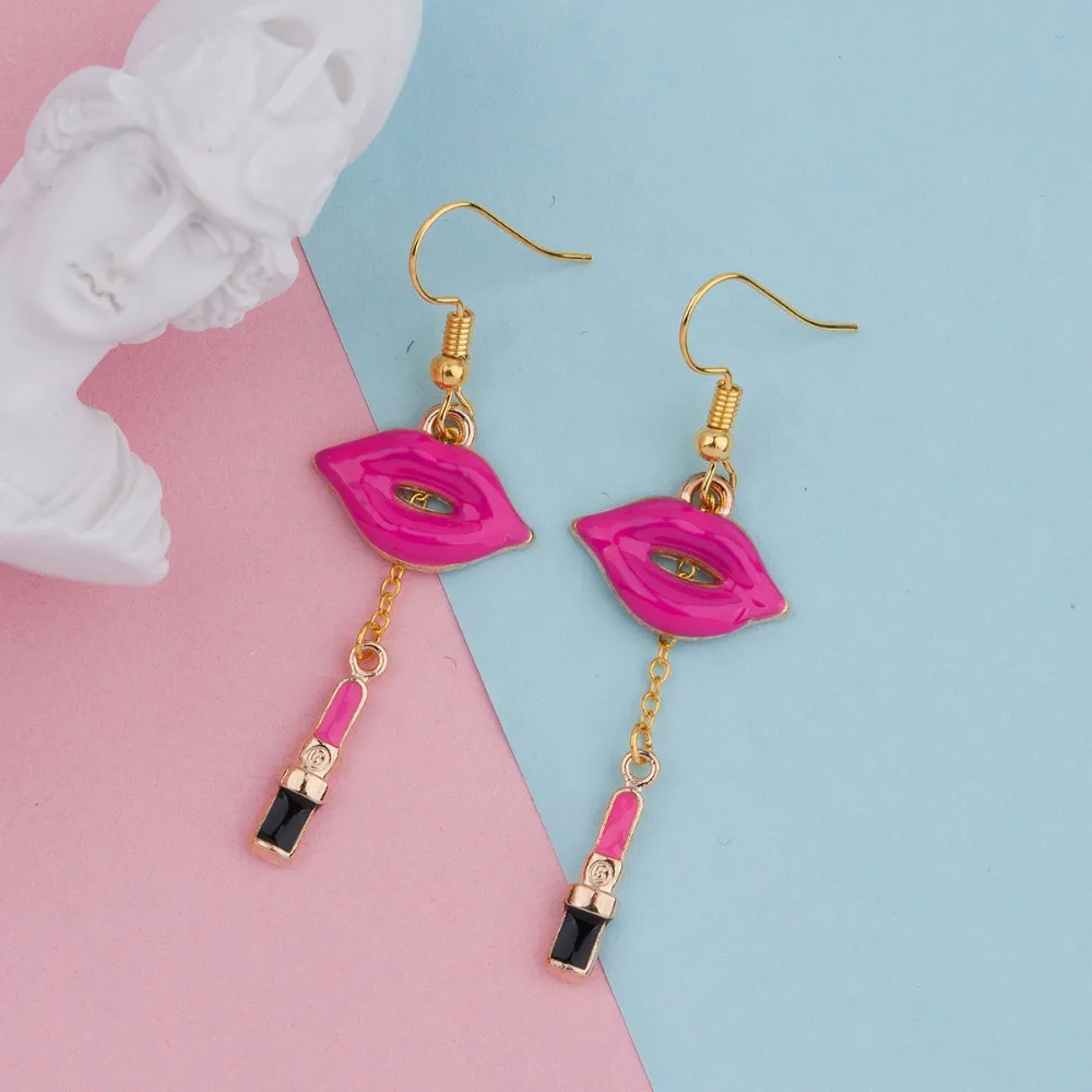 DoreenBeads Makeup Earrings Gold Color Fuchsia Lipstick Lip Enamel