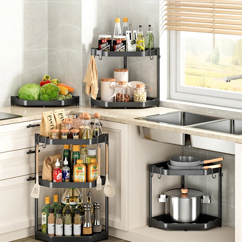 Kitchen Corner Shelf Multi Layers Seasoning Tripod Rack Multifunctional Storage Rack With Hook metal plastic Kitchen Organizer 2