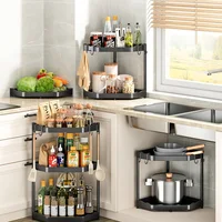 Kitchen Corner Shelf Multi Layers Seasoning Tripod Rack Multifunctional Storage Rack With Hook metal plastic Kitchen Organizer 2