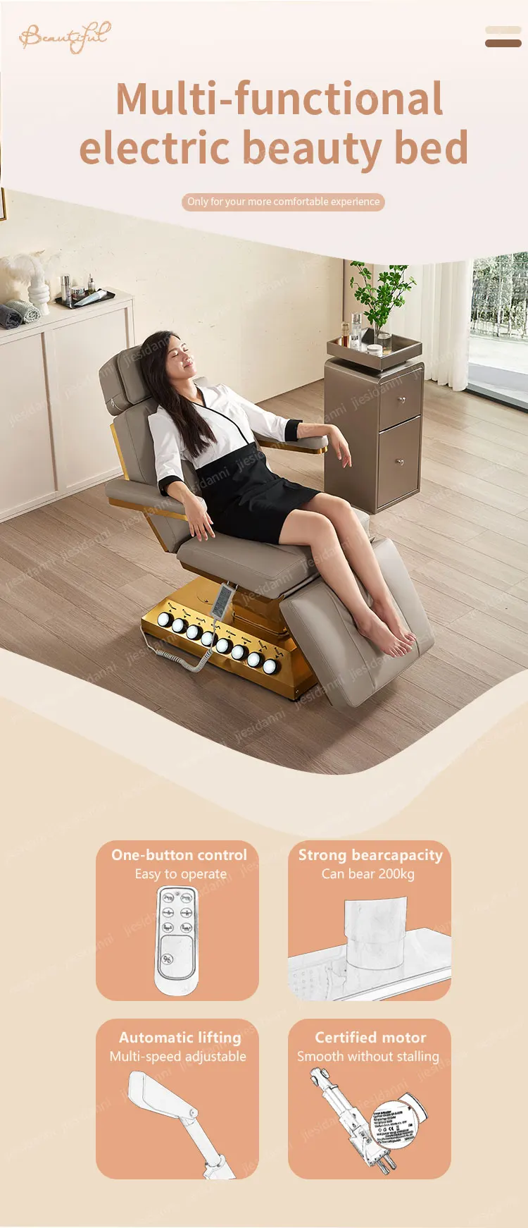 Description Picture 2 of itemLuxury Beauty Salon Furniture 4 Motors Electric Eyelashes Extension Bed Gold Base Massage Table For Sale