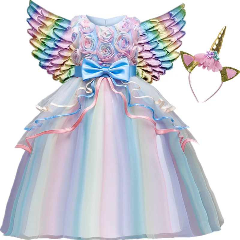 Girls Kids Unicorn Cosplay Dress For Children Rainbow Sleeveless Wedding and Birthday Party Princess Costume Evening Formal Gown girls dress princess costume kids clothes