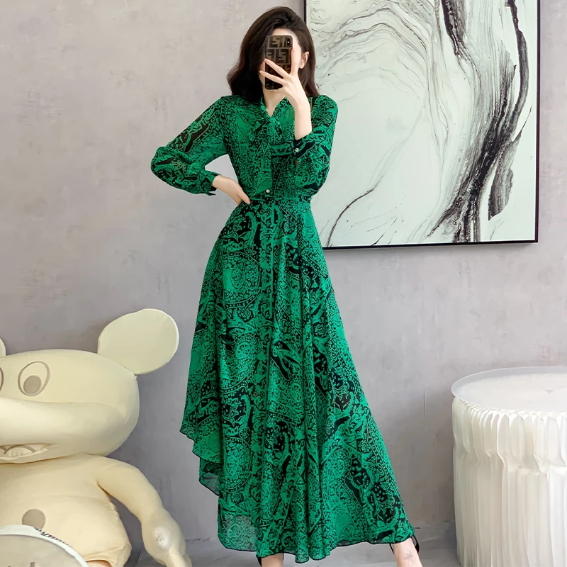

2024 New Women Print Spring Summer Fashion Elgant Vintage Bow Collar Lantern Sleeve Flower Chiffon Beach Boho Holdiay Dresses