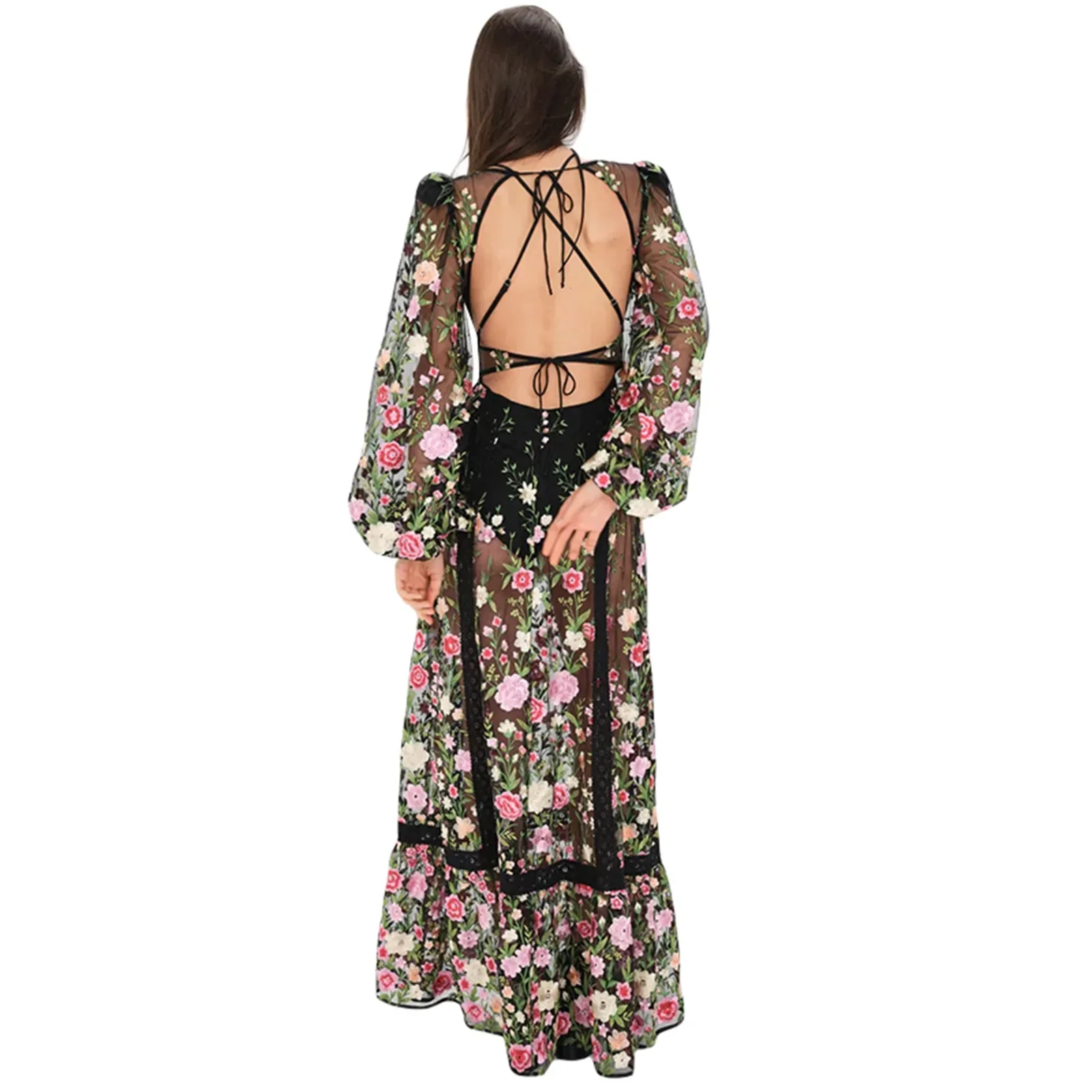 Women's Clothing Summer 2024 Trend Sweet Long Beach Dress Long Sleeve V Neck Backless Floral Embroidered Bikini Cover Up 6