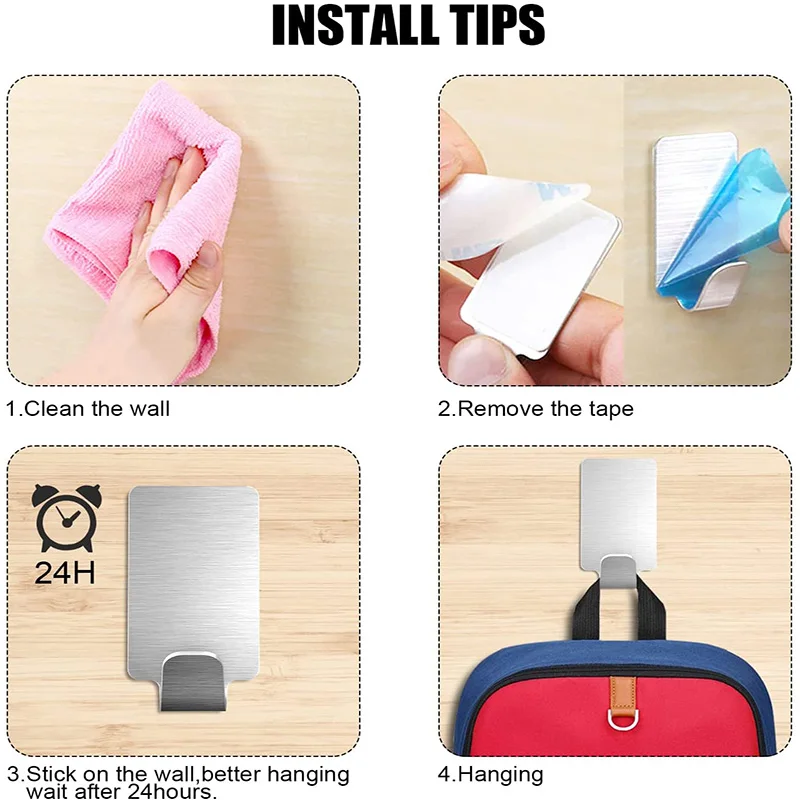 Adhesive Wall Hooks 6/12pcs Stainless Steel for Towel Robe Hats Bag