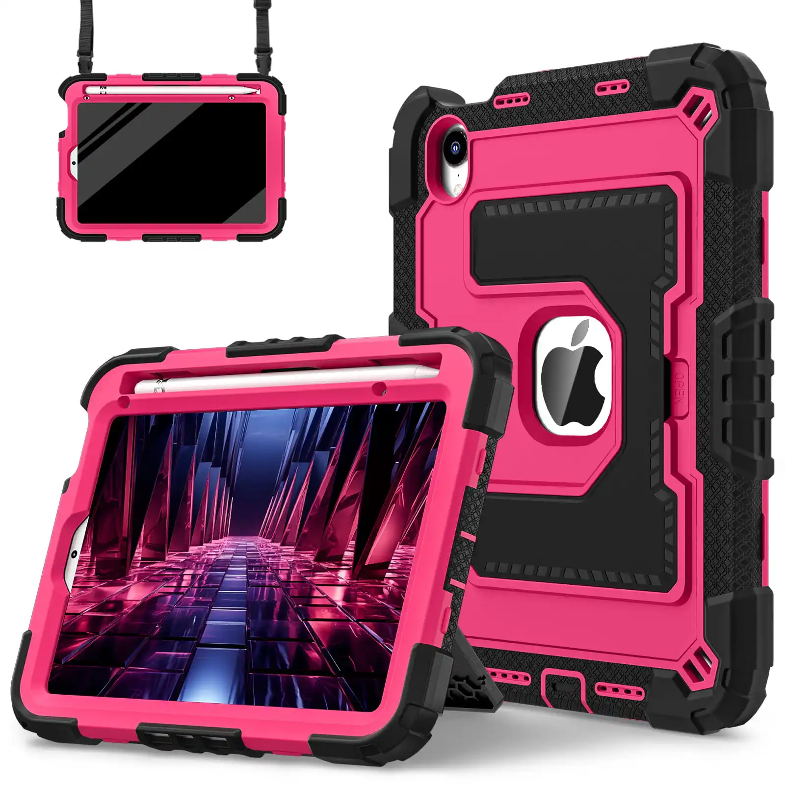 Shockproof iPad Mini Case with Handle Stand and Pen Tray - Non-toxic Soft Silicone Protective Cover with Shoulder Straps