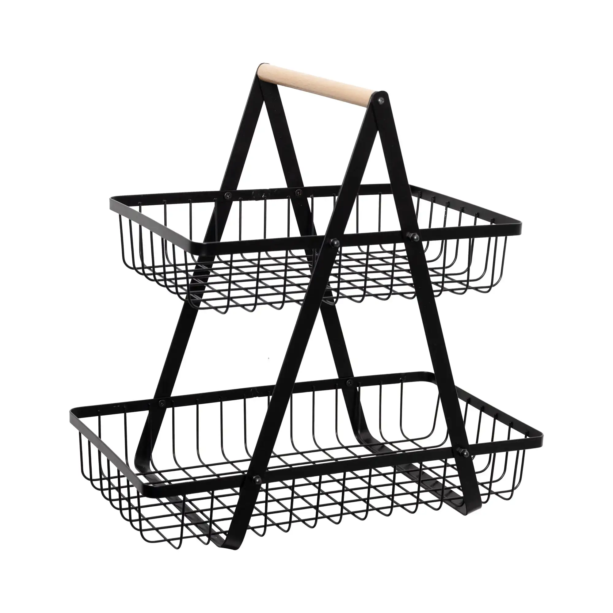 

Stratton Home Décor Two Tier Basket Tray with Natural Wood Handle