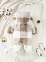 3-24 Months Baby Boys&Girls Romper Plaid Hooded Long Sleeved Plush Jumpsuit Winter Warm Bodysuit Clothes for Toddler Boy&Girl 6