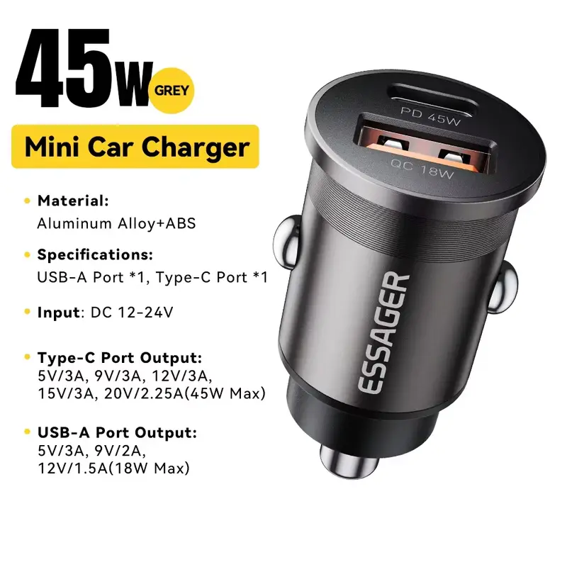Essager 45W Car Charger Fast Charging Dual Port  PD QC3.0 Type-C Quick Charger for iPhone 16 15 14 Samsung Xiaomi Huawei Oppo - Image 8
