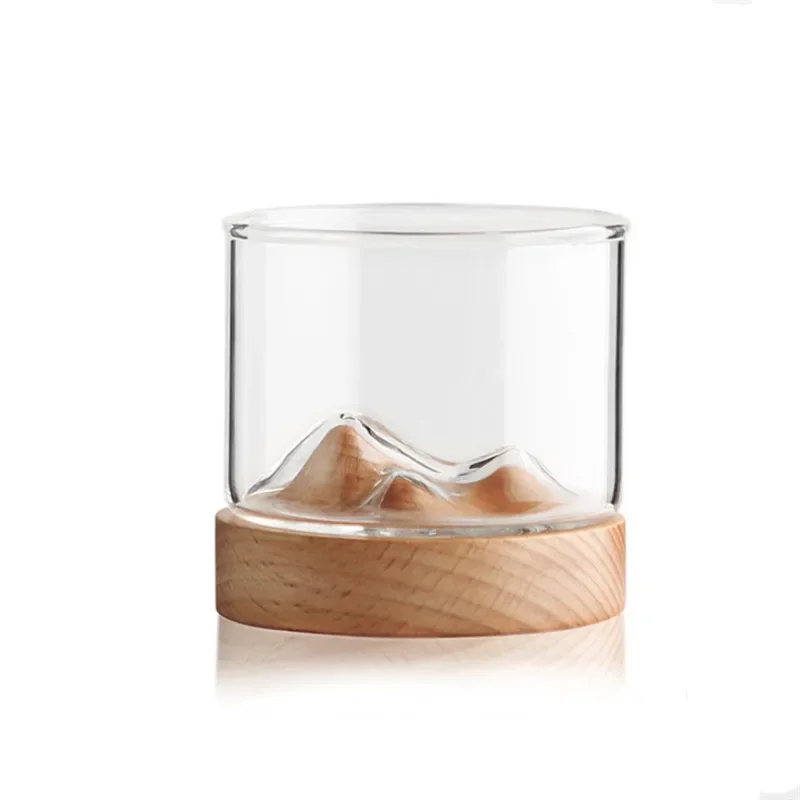 Mountain Whiskey Glass with Wooden Base Creative Heat Resistant Beer Glass Wine Water Tea Transparent Cup Bar Drinkware