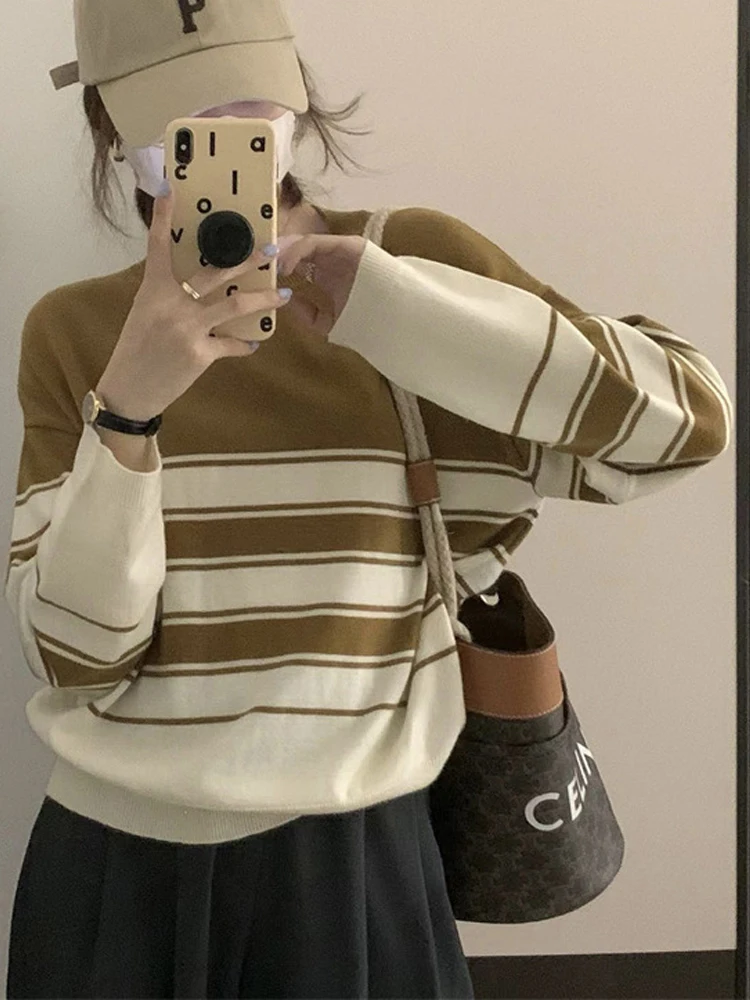 

Свитер женский трикотажный в контрастную полоску, элегантный повседневный теплый пуловер с длинным рукавом, облегающий джемпер с круглым вырезом, Осень-зима