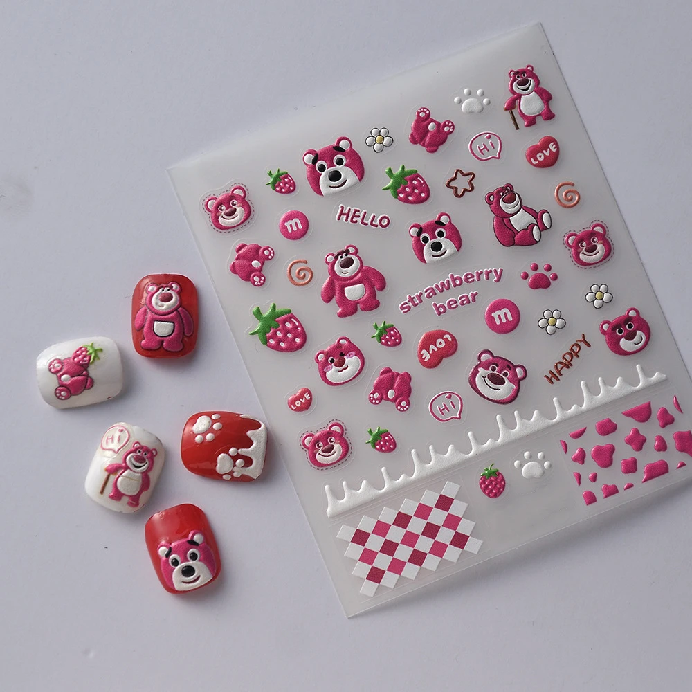 

RIZZNAIL милый мультфильм розовый медведь милый тисненый дизайн ногтей стикер для детей женщин модные 5D переводки инструменты украшения