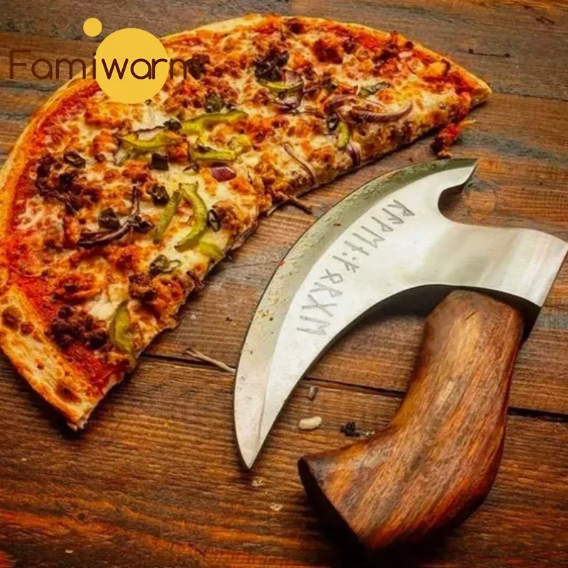 Pizza Cutter Knife Axe Pizza-Axe With Sharp Blades Viking Steel Wooden Handle Rust Proof
