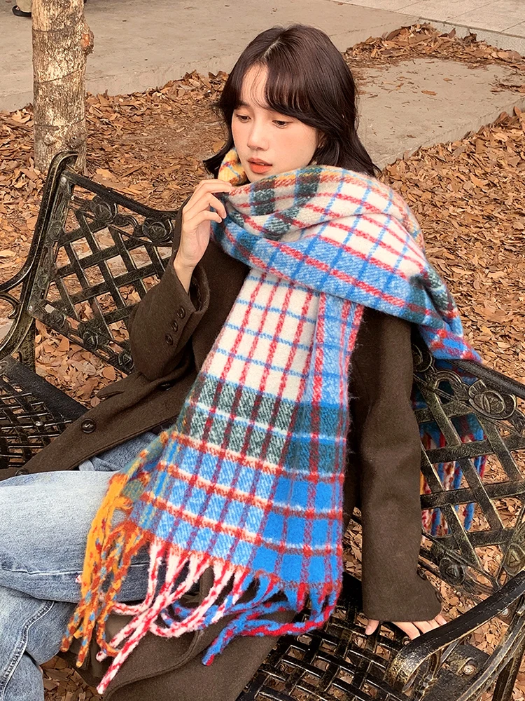 

Новинка 2023, женский шарф из искусственного кашемира, зимний винтажный клетчатый женский шарф в стиле преппи, парео