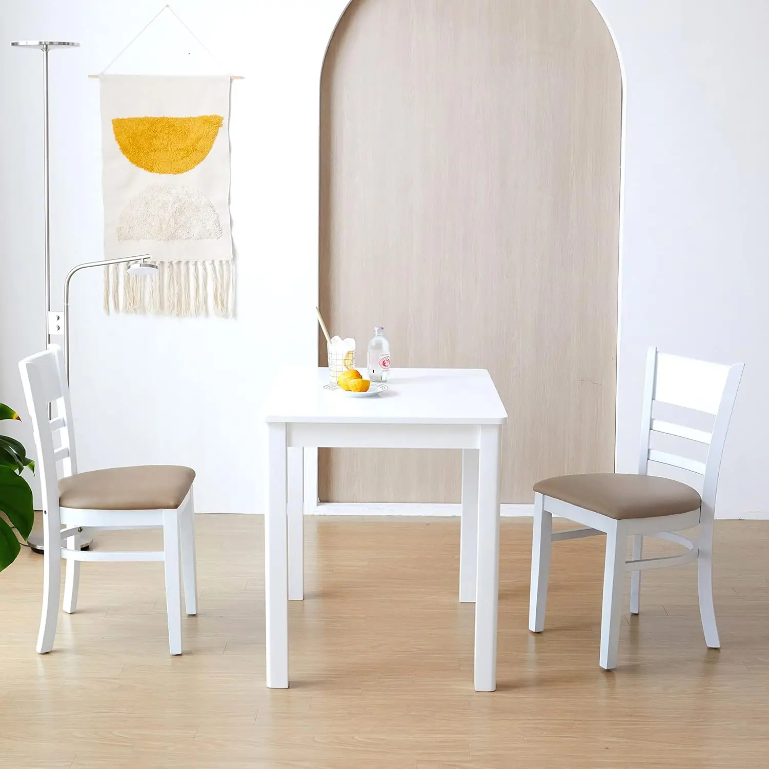 Cabin Dining Chair Set of 2 Solid Malaysian Oak PU Leather Upholstered Cushion Seat Wooden Ladder Back Side Chairs (White)