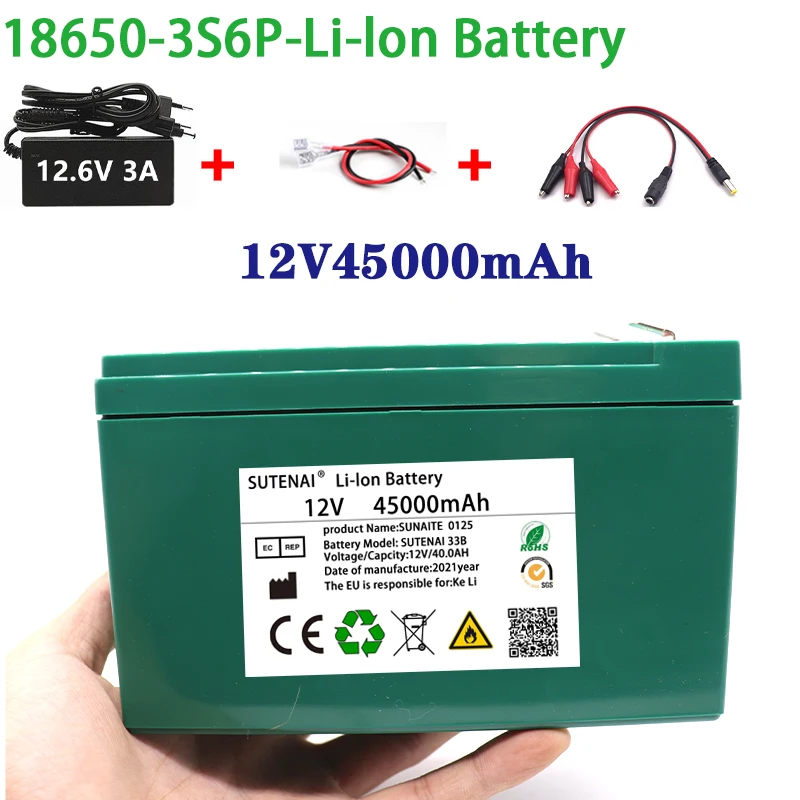 NEW 12V 45Ah 18650 lithium battery pack 3S6P built-in high current 40A Solar street lamp, xenon lamp, backup power supply, LED