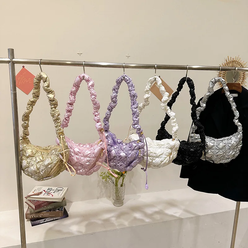 Summer Reflective Color Silver Shoulder Cloud Puff Bag Women's 2023 Fashion Trend Pink Korean Style Y2K Nylon Zipper Pocket